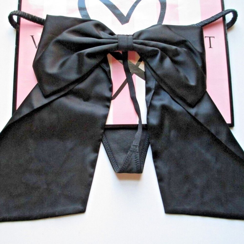 VICTORIA'S SECRET DREAM ANGELS Black Satin Bow Back V-String Thong Panty S M